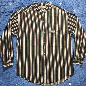 VINTAGE Striped Button Down Shirt Size Large Mens Long Sleeve Casual Gray Y2K
